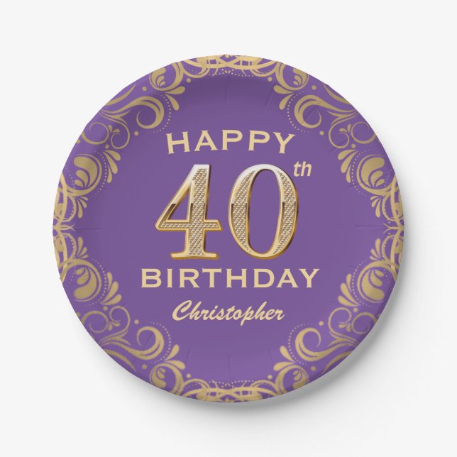 40th Birthday Party Purple and Gold Glitter Frame Paper Plates (Front)