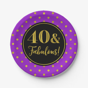 40th Birthday Party Purple Black Gold Dots Paper Plates