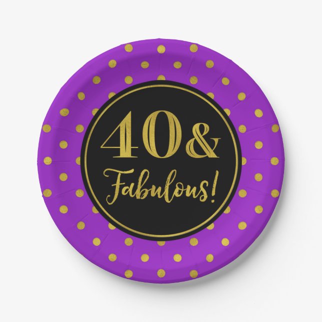40th Birthday Party Purple Black Gold Dots Paper Plates (Front)