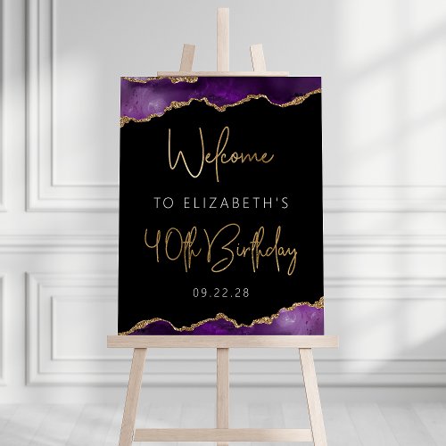 40th Birthday Party Purple Gold Agate Welcome Foam Board