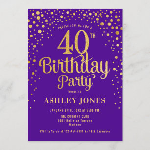 40th Birthday Party - Purple & Gold Invitation
