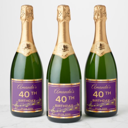 40th birthday party purple gold music notes fun sparkling wine label