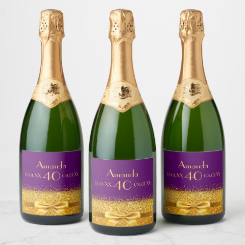 40th birthday party purple gold name elegant sparkling wine label