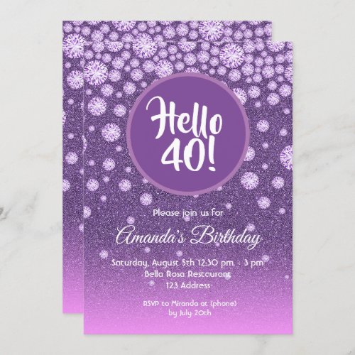 40th birthday party purple pink diamonds glitter invitation