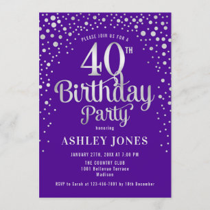 40th Birthday Party - Purple & Silver Invitation