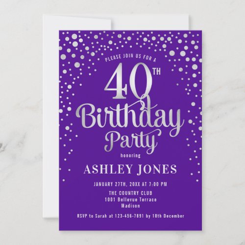 40th Birthday Party _ Purple  Silver Invitation
