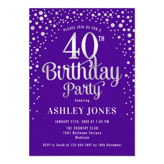 40th Birthday Party - Purple & Silver Invitation | Zazzle.com