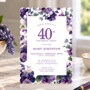 40th Birthday Party Purple Violet Flower Invitation