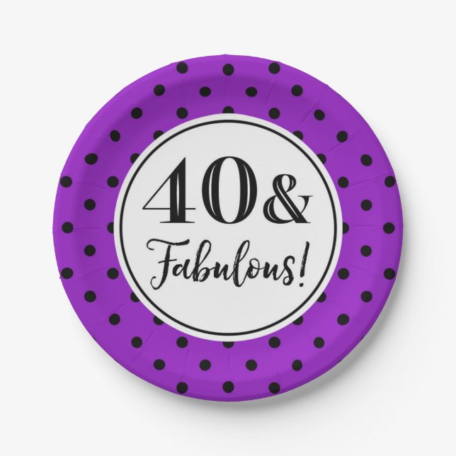 40th Birthday Party Purple White Black Dots Paper Plates (Front)