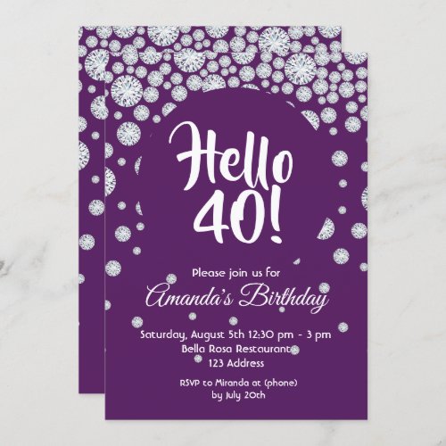 40th birthday party purple white diamonds hello 40 invitation