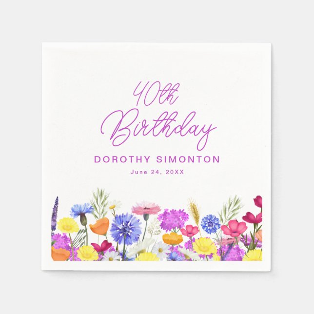 40th Birthday Party Purple Wildflower Custom Napkins (Front)