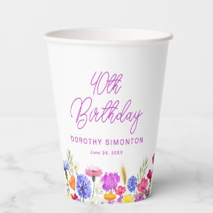 40th Birthday Party Purple Wildflower Custom Paper Cups