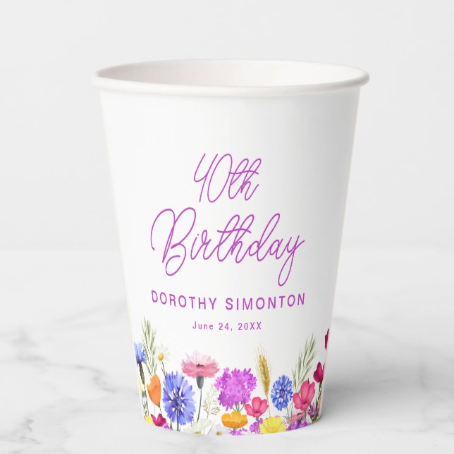 40th Birthday Party Purple Wildflower Custom Paper Cups (Front)