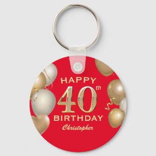 40th Birthday Party Red and Gold Balloons Keychain