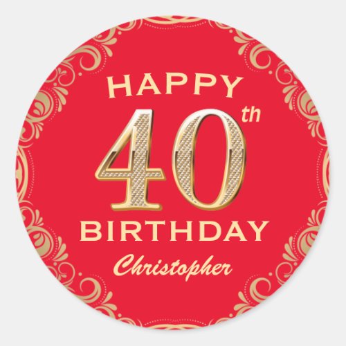 40th Birthday Party Red and Gold Glitter Frame Classic Round Sticker