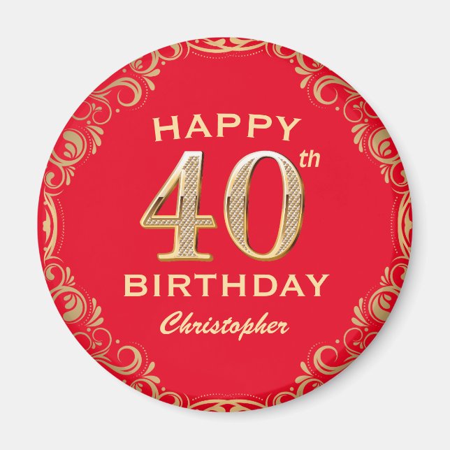 40th Birthday Party Red and Gold Glitter Frame Magnet (Front)