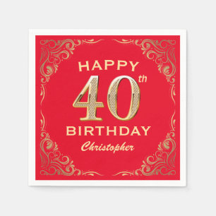 40th Birthday Party Red and Gold Glitter Frame Napkins