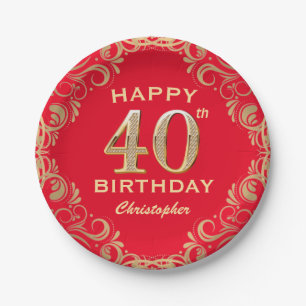 40th Birthday Party Red and Gold Glitter Frame Paper Plates