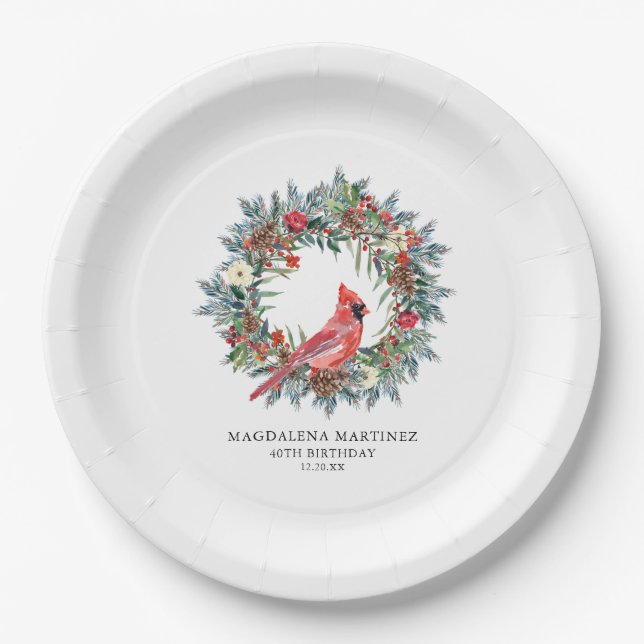 40th Birthday Party Red Cardinal Wreath Custom Paper Plates (Front)