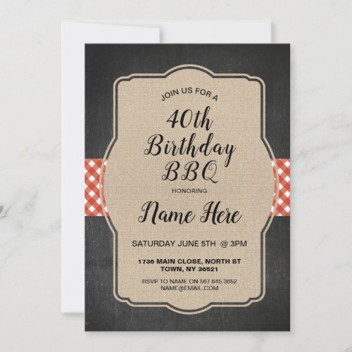 40th Birthday Party Red Gingham Burlap BBQ Invite