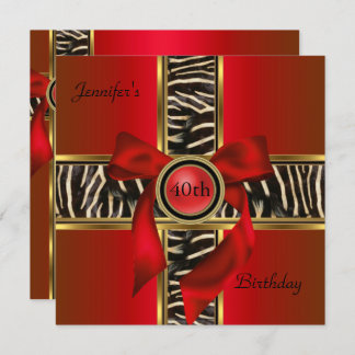 40th Birthday Party Red Gold Animal Wild Bow Invitation