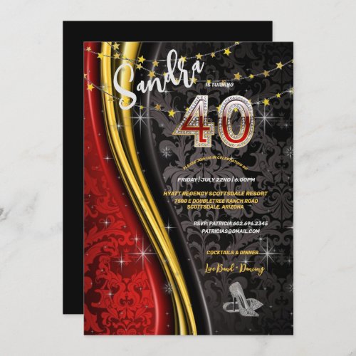 40th Birthday Party Red Gold  Black Swirls Invit Invitation