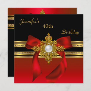 40th Birthday Party Red Gold Pearl Jewel Red Bow Invitation