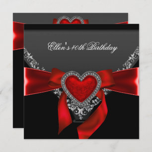 40th Birthday Party Red Heart Jewel Black White Invitation