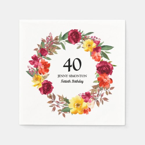 40th Birthday Party Red Orange Yellow Fall Floral Napkins