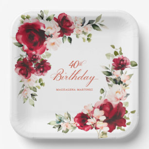 40th Birthday Party Red Pink Floral Custom Paper Plates