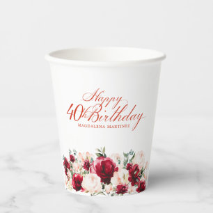 40th Birthday Party Red Rose Pink Peony Custom Paper Cups