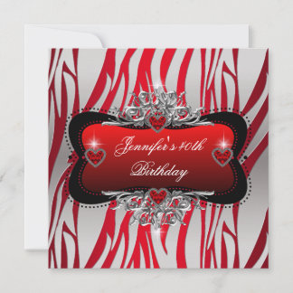 40th Birthday Party Red Silver Zebra Black Invitation