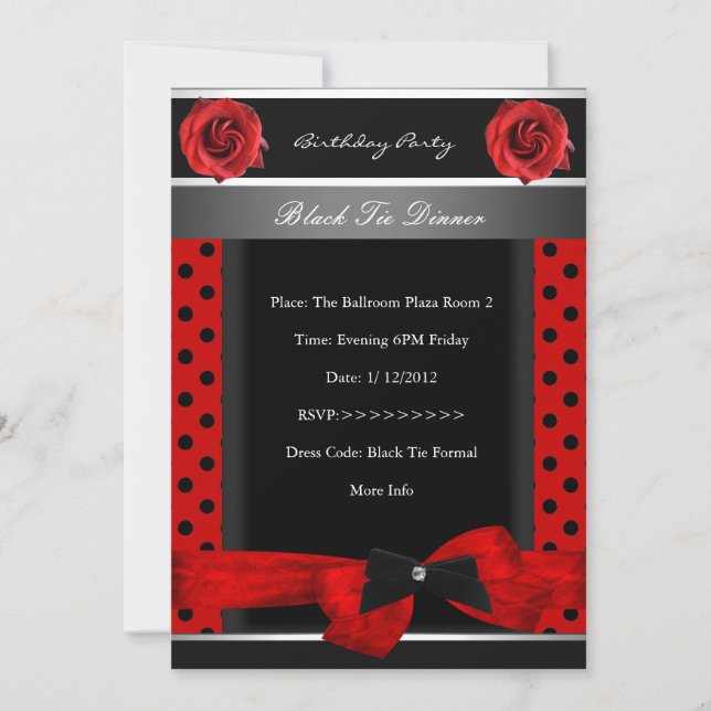 40th Birthday Party Red Spot Rose Black Tie Invitation (Front)