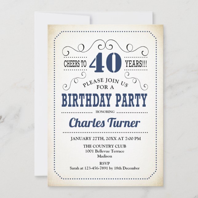 40th Birthday Party - Retro Creamy White and Navy Invitation (Front)
