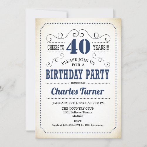 40th Birthday Party _ Retro Creamy White and Navy Invitation