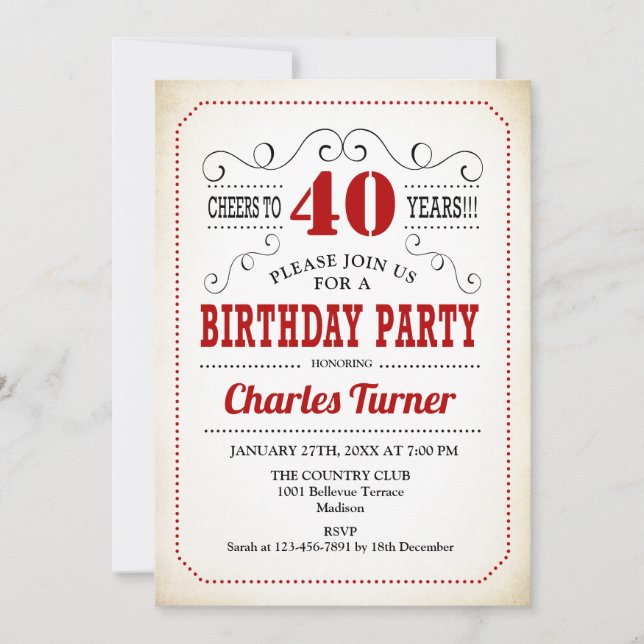 40th Birthday Party - Retro Creamy White and Red Invitation (Front)