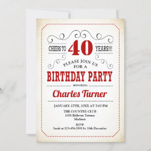 40th Birthday Party - Retro Creamy White and Red Invitation