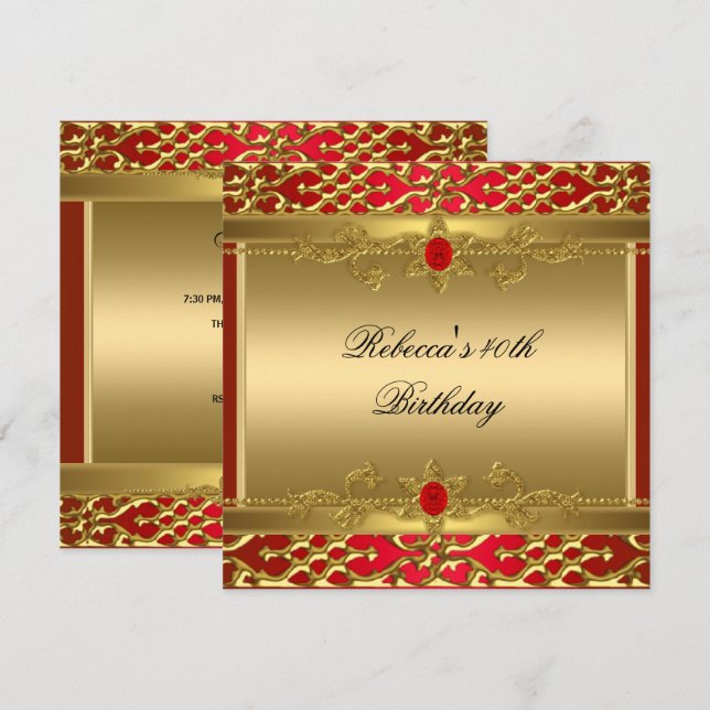 40th Birthday Party Rich Red Elegant Ornate Gold Invitation (Front/Back)