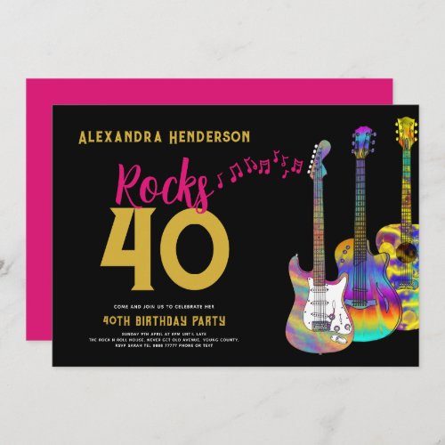 40th Birthday Party Rocks 40 Guitar Pink Gold Invitation