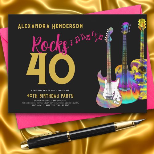 40th Birthday Party Rocks 40 Guitar Pink Gold Invitation