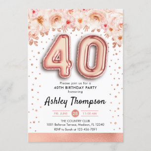40th Birthday Party - Rose Gold Balloons Invitation