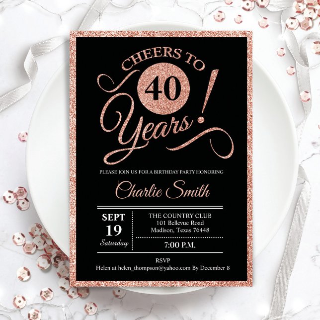 40th Birthday Party - Rose Gold Black ANY AGE Invitation (Creator Uploaded)