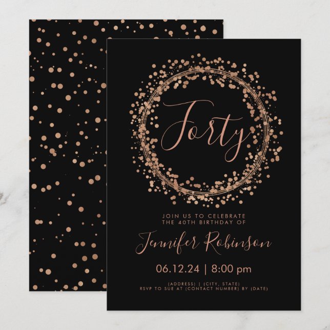40th Birthday Party Rose Gold Black Confetti Invitation (Front/Back)