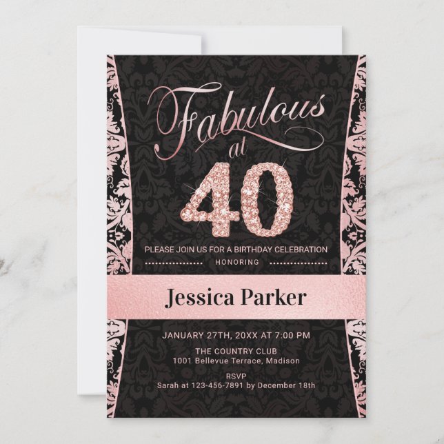 40th Birthday Party - Rose Gold Black Invitation (Front)