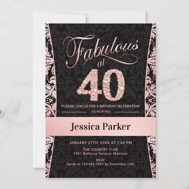 40th Birthday Party - Rose Gold Black Invitation | Zazzle