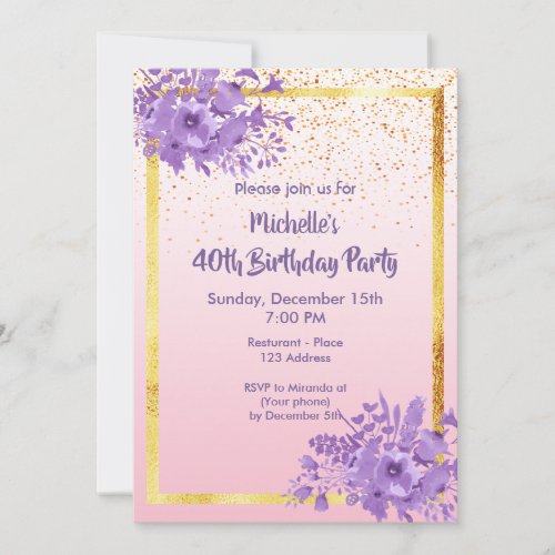 40th birthday party rose gold blush violet floral invitation