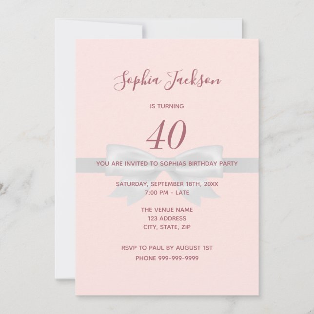 40th birthday party rose gold elegant girly bow invitation (Front)