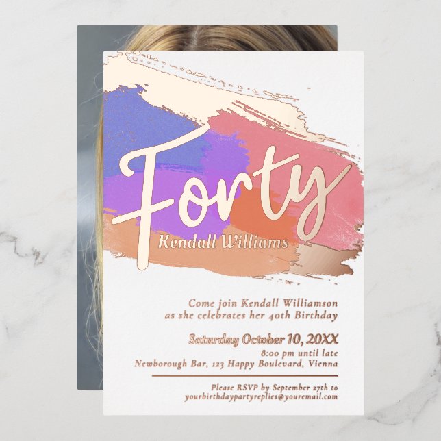 40th Birthday party rose gold foil photo abstract Foil Invitation (Front/Back)