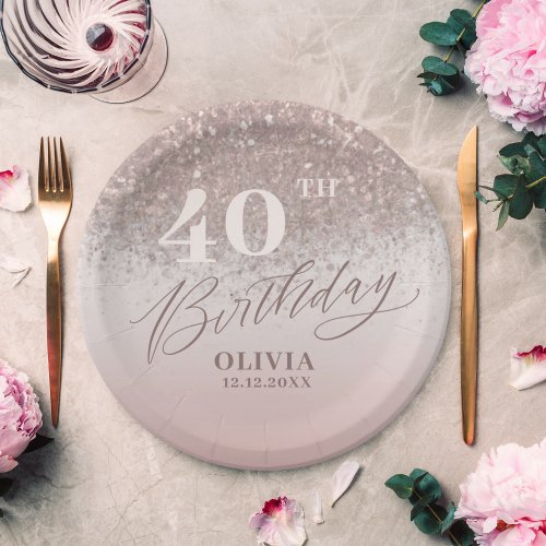 40th Birthday Party Rose Gold Glitter Paper Plates
