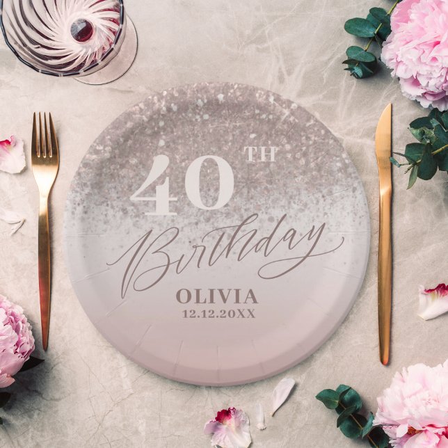 40th Birthday Party Rose Gold Glitter Paper Plates (Creator Uploaded)